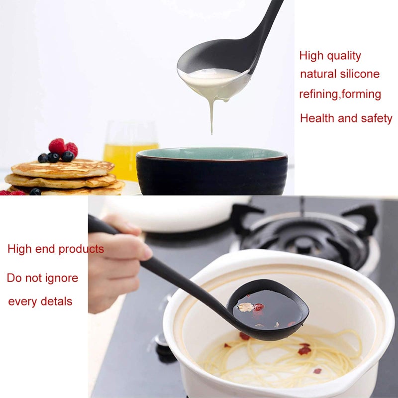 W WBLD Silicone Ladle Soup Spoon Set of 2, Nonstick Heat Resistant Long Handle Unbreakable Big Round Scoop for Home Kitchen Cooking,Red and Black - Image 5